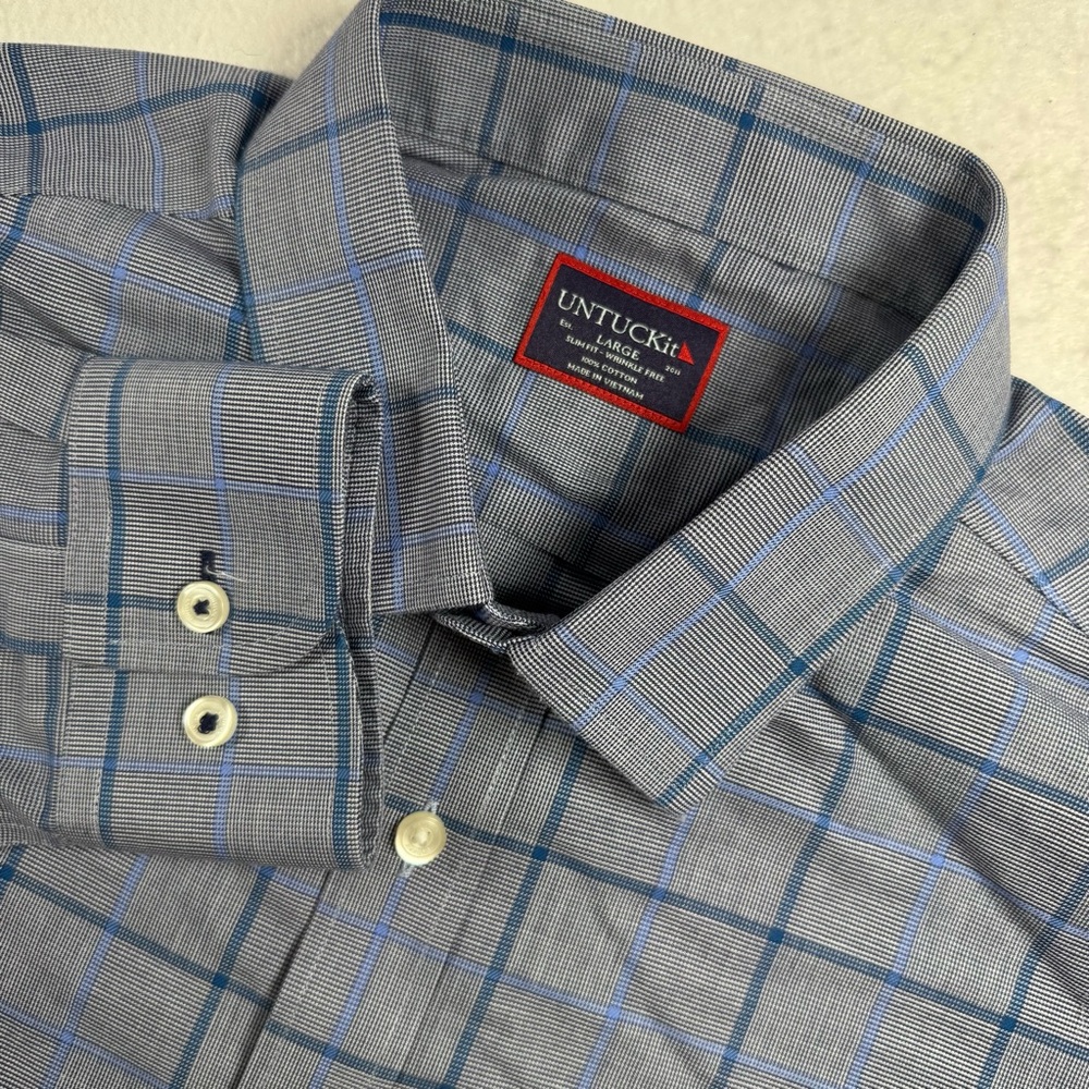 UNTUCKit Men’s L Ortman Slim Fit Wrinkle‑Free Blue Plaid Shirt